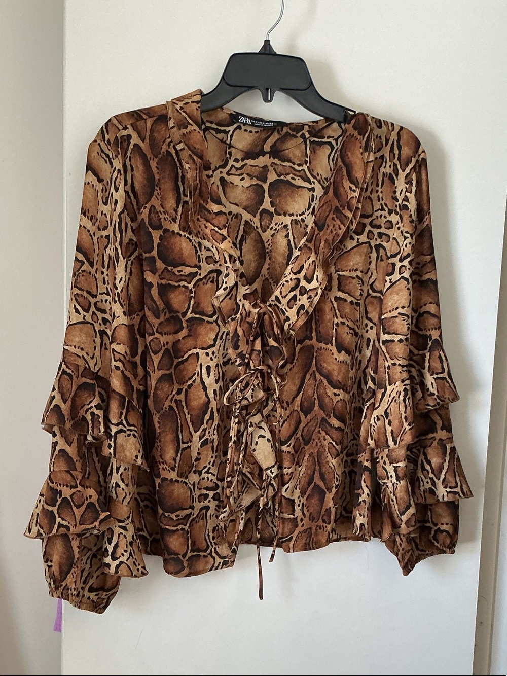 Zara Brown Animal-Print Ruffle Tie-Front Blouse Size M